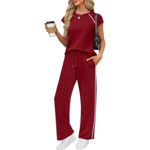 PRETTYGARDEN Women’s 2 Piece Lounge Sets 2026 Summer Cap Sleeve Tops Wide Leg Pants Travel Outfits Matching Fashion Clothing(Burgundy)