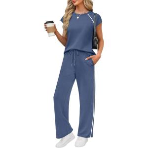 PRETTYGARDEN Women’s 2 Piece Lounge Sets 2026 Summer Cap Sleeve Tops Wide Leg Pants Travel Outfits Matching Fashion Clothing(Dusty Blue)