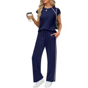 PRETTYGARDEN Women’s 2 Piece Lounge Sets 2026 Summer Cap Sleeve Tops Wide Leg Pants Travel Outfits Matching Fashion Clothing(Navy Blue)