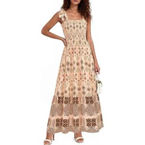 PRETTYGARDEN Women’s 2026 Summer Maxi Dress Tie Straps Floral Beach Vacation Long Dresses Smocked Boho Sundress with Pockets(Apricot Brown Floral)