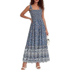 PRETTYGARDEN Women’s 2026 Summer Maxi Dress Tie Straps Floral Beach Vacation Long Dresses Smocked Boho Sundress with Pockets(Blue Floral)