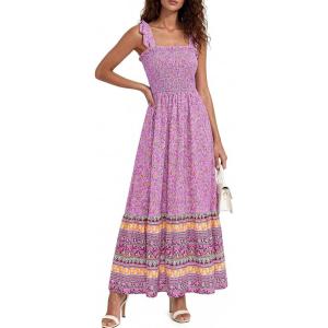 PRETTYGARDEN Women’s 2026 Summer Maxi Dress Tie Straps Floral Beach Vacation Long Dresses Smocked Boho Sundress with Pockets(Pink Purple Floral)