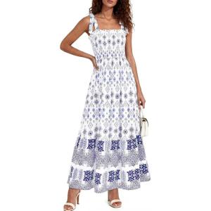 PRETTYGARDEN Women’s 2026 Summer Maxi Dress Tie Straps Floral Beach Vacation Long Dresses Smocked Boho Sundress with Pockets(White Blue Floral)