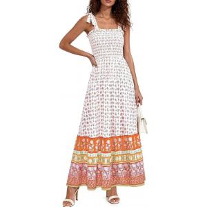 PRETTYGARDEN Women’s 2026 Summer Maxi Dress Tie Straps Floral Beach Vacation Long Dresses Smocked Boho Sundress with Pockets(White Orange Floral)