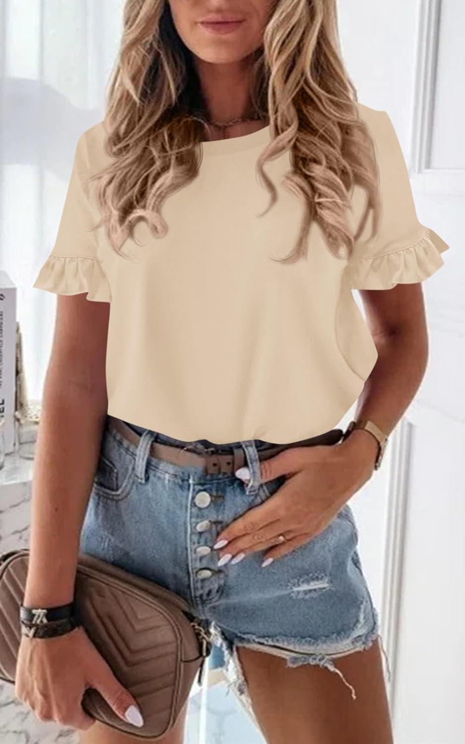 imagePRETTYGARDEN Womens Short Sleeve Casual T Shirts Summer Ruffle Plain Round Neck Loose Fit Tee Blouse TopsApricot