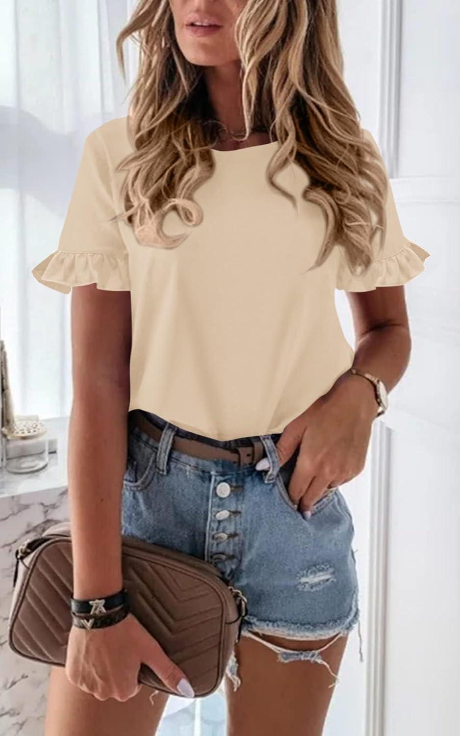 imagePRETTYGARDEN Womens Short Sleeve Casual T Shirts Summer Ruffle Plain Round Neck Loose Fit Tee Blouse TopsApricot