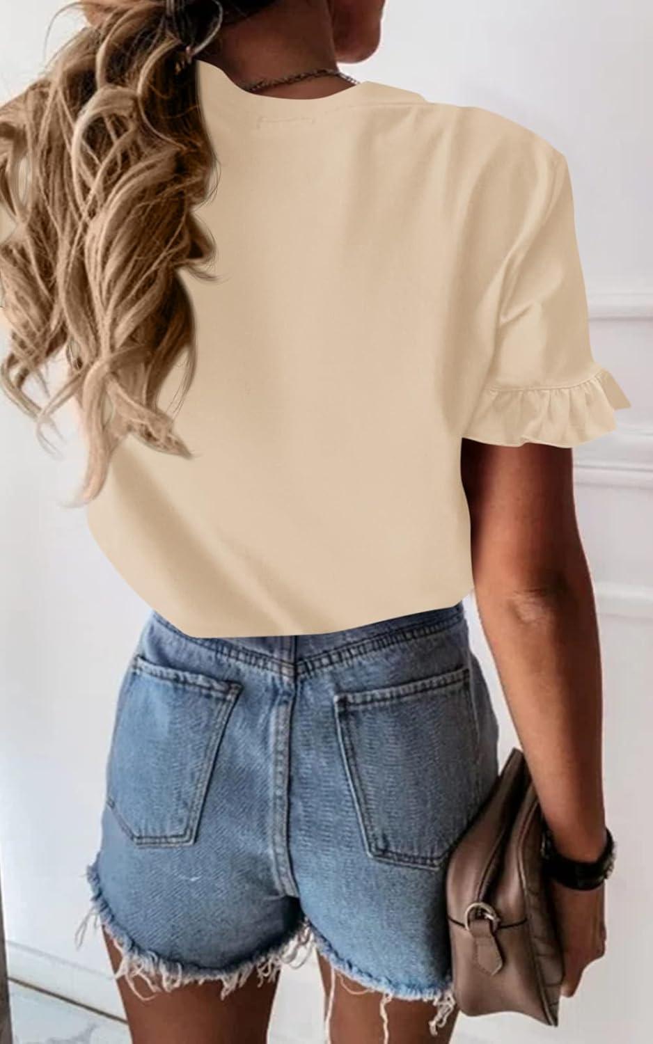 imagePRETTYGARDEN Womens Short Sleeve Casual T Shirts Summer Ruffle Plain Round Neck Loose Fit Tee Blouse TopsApricot