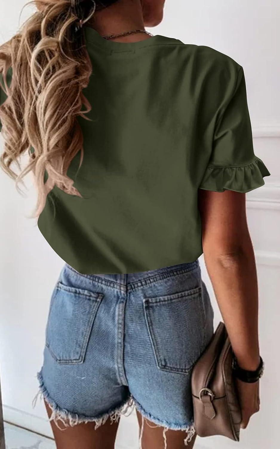 imagePRETTYGARDEN Womens Short Sleeve Casual T Shirts Summer Ruffle Plain Round Neck Loose Fit Tee Blouse TopsArmy Green