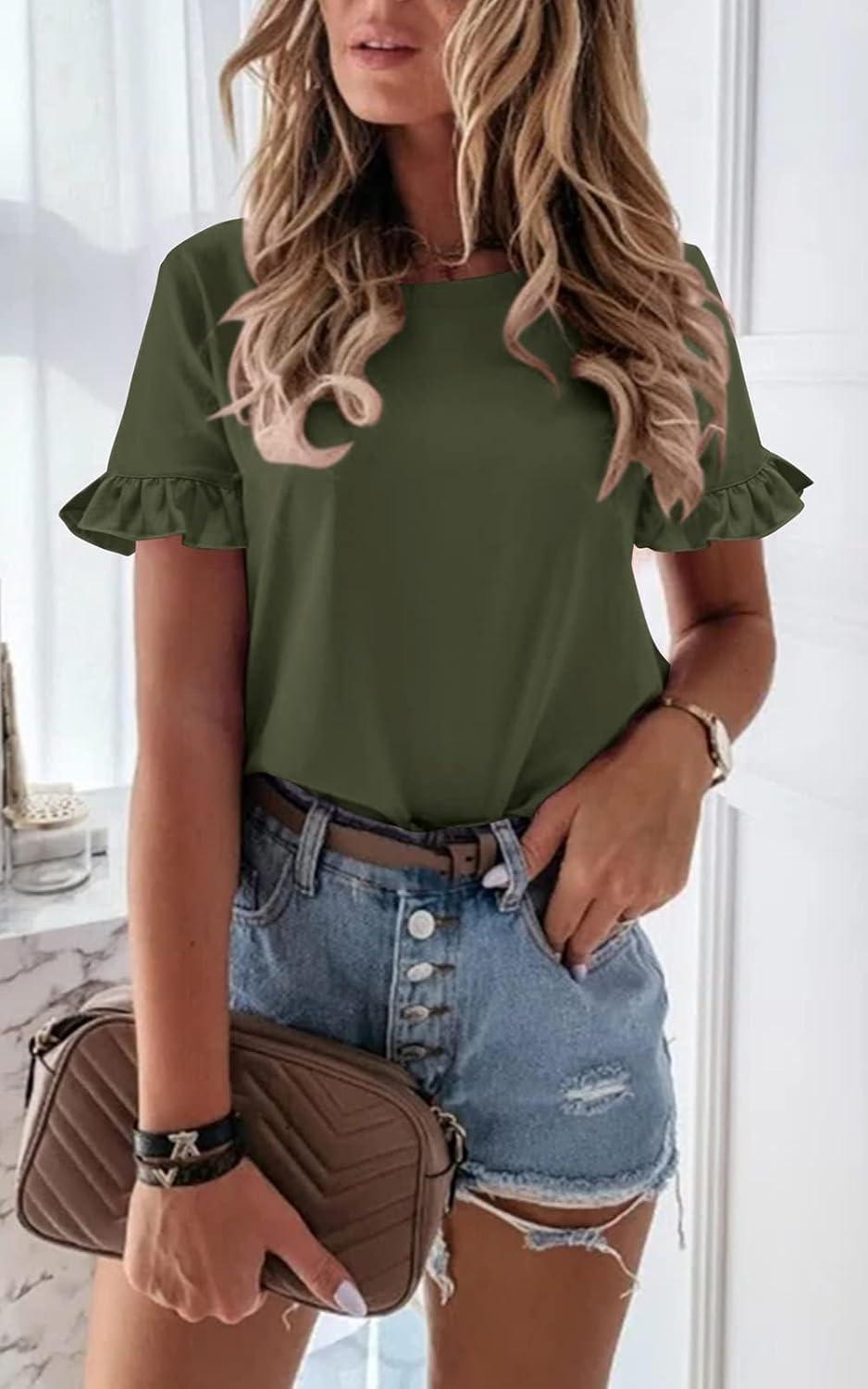 imagePRETTYGARDEN Womens Short Sleeve Casual T Shirts Summer Ruffle Plain Round Neck Loose Fit Tee Blouse TopsArmy Green