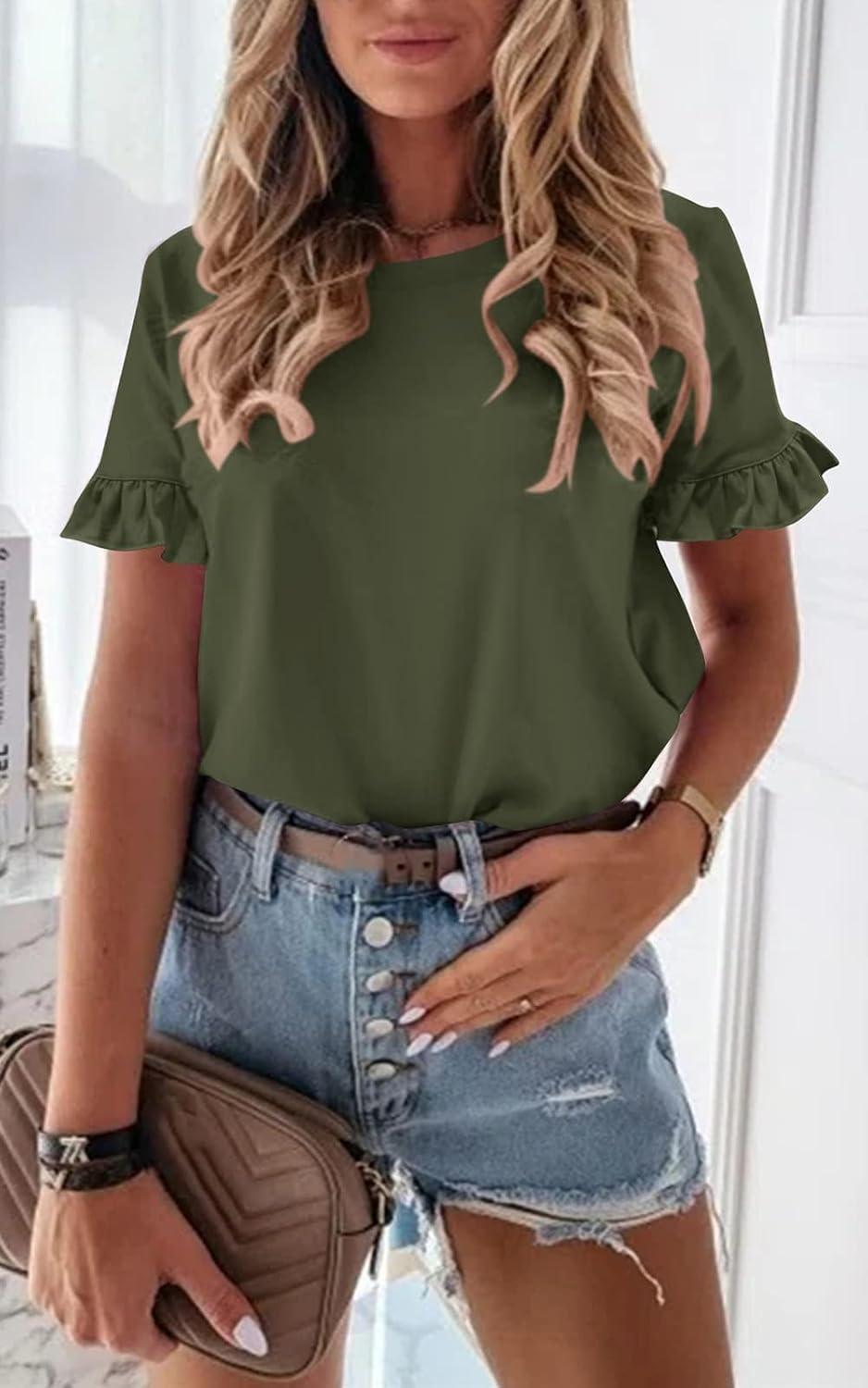 imagePRETTYGARDEN Womens Short Sleeve Casual T Shirts Summer Ruffle Plain Round Neck Loose Fit Tee Blouse TopsArmy Green