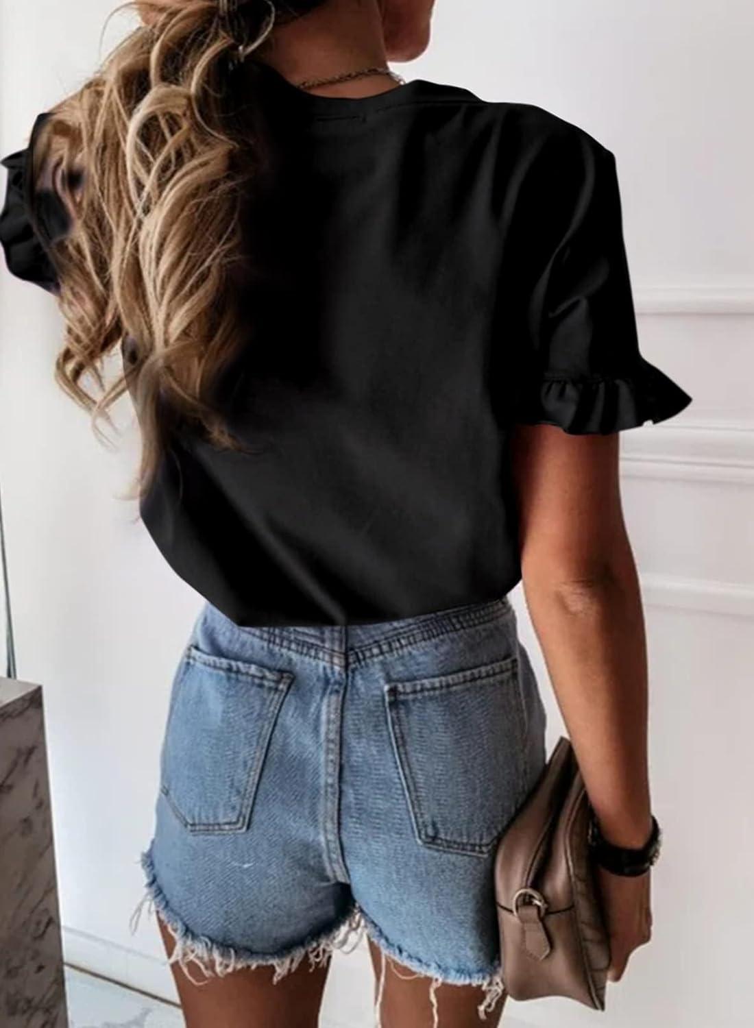 imagePRETTYGARDEN Womens Short Sleeve Casual T Shirts Summer Ruffle Plain Round Neck Loose Fit Tee Blouse TopsBlack