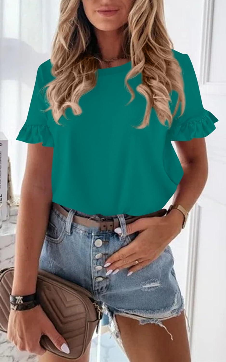 imagePRETTYGARDEN Womens Short Sleeve Casual T Shirts Summer Ruffle Plain Round Neck Loose Fit Tee Blouse TopsBlue Green