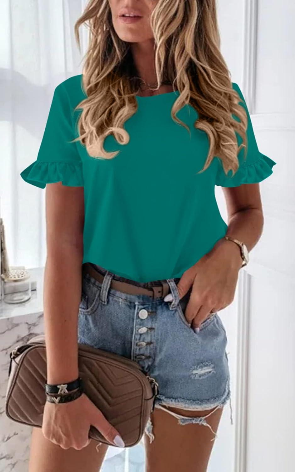 imagePRETTYGARDEN Womens Short Sleeve Casual T Shirts Summer Ruffle Plain Round Neck Loose Fit Tee Blouse TopsBlue Green