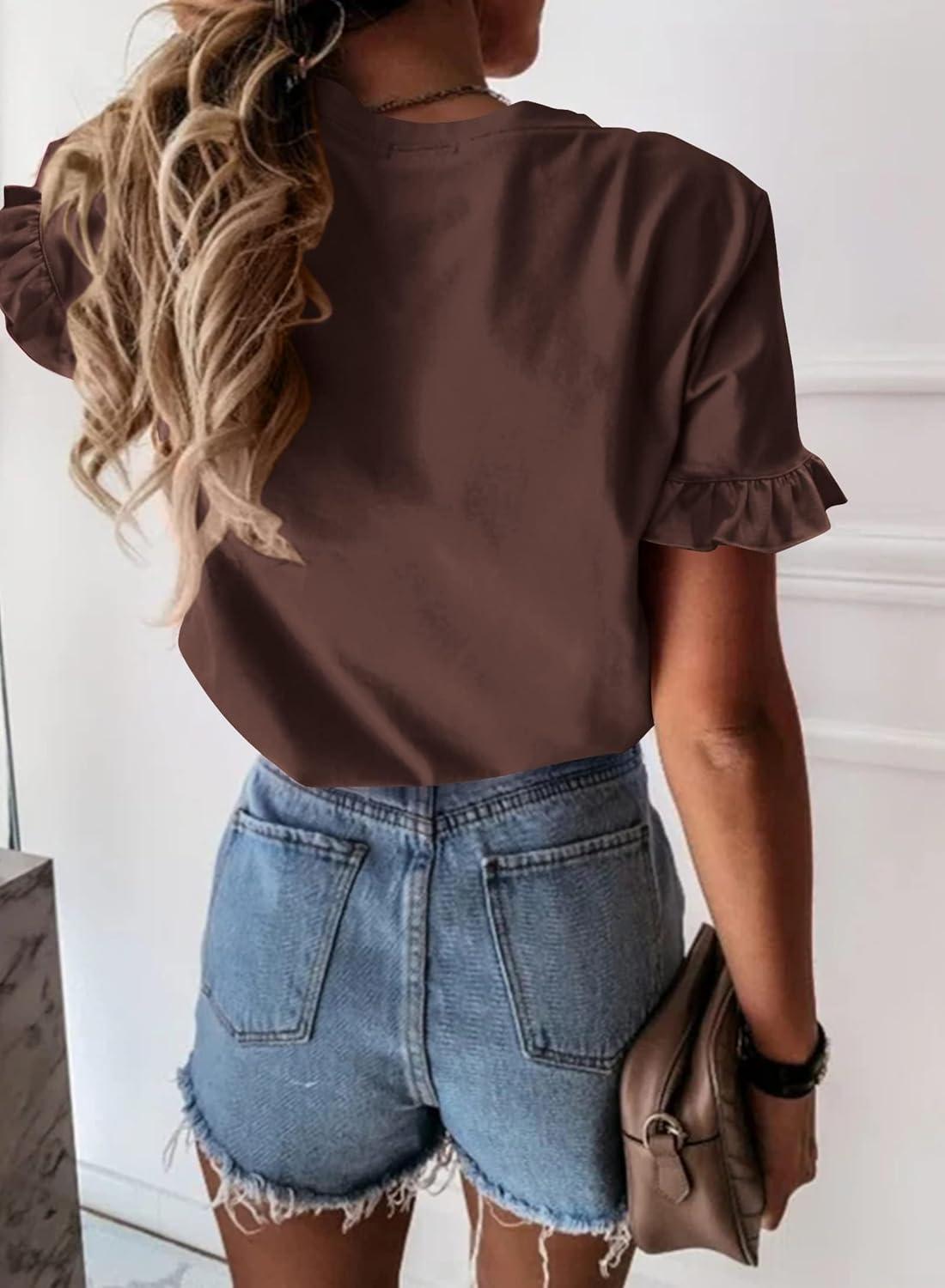 imagePRETTYGARDEN Womens Short Sleeve Casual T Shirts Summer Ruffle Plain Round Neck Loose Fit Tee Blouse TopsCoffee