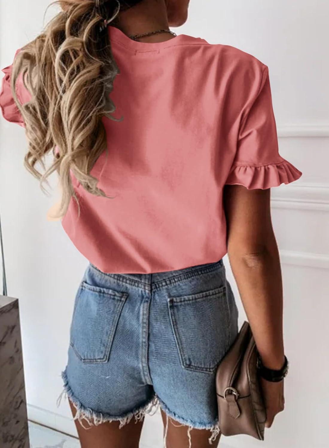 imagePRETTYGARDEN Womens Short Sleeve Casual T Shirts Summer Ruffle Plain Round Neck Loose Fit Tee Blouse TopsCoral Pink