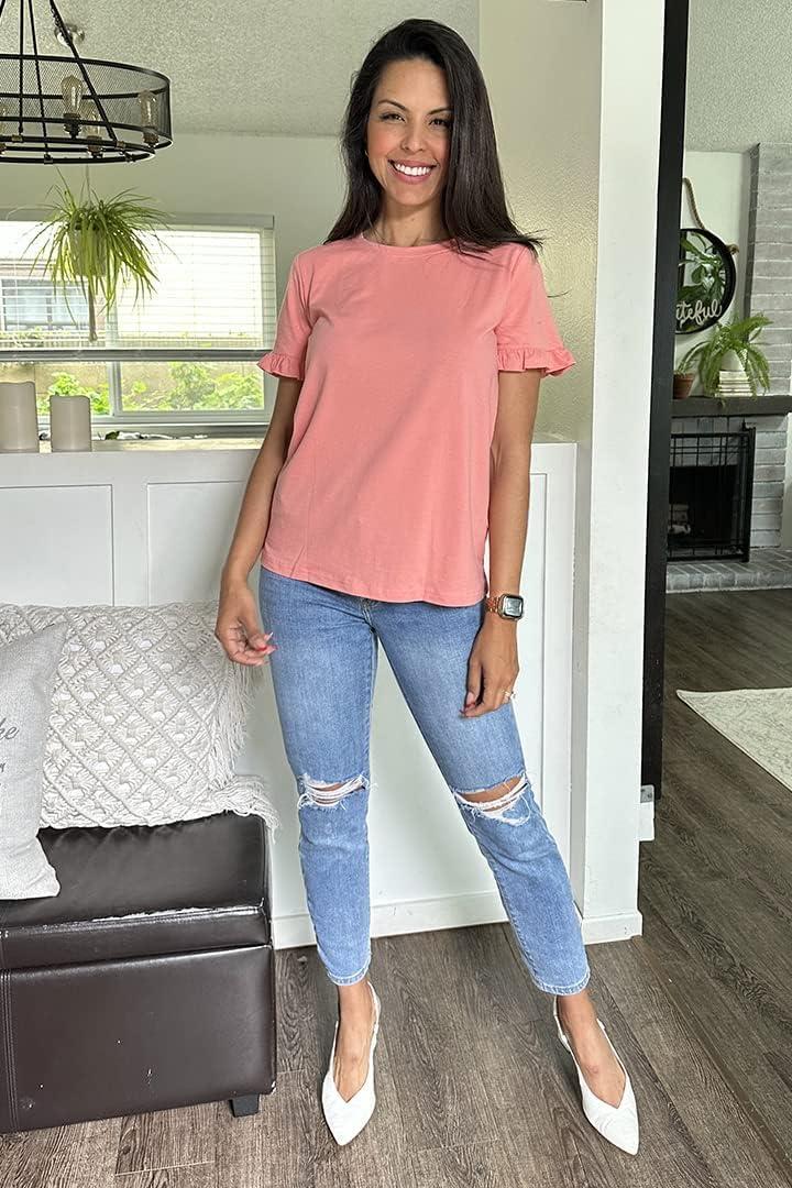 imagePRETTYGARDEN Womens Short Sleeve Casual T Shirts Summer Ruffle Plain Round Neck Loose Fit Tee Blouse TopsCoral Pink