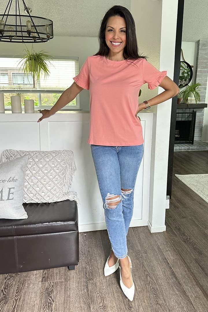 imagePRETTYGARDEN Womens Short Sleeve Casual T Shirts Summer Ruffle Plain Round Neck Loose Fit Tee Blouse TopsCoral Pink