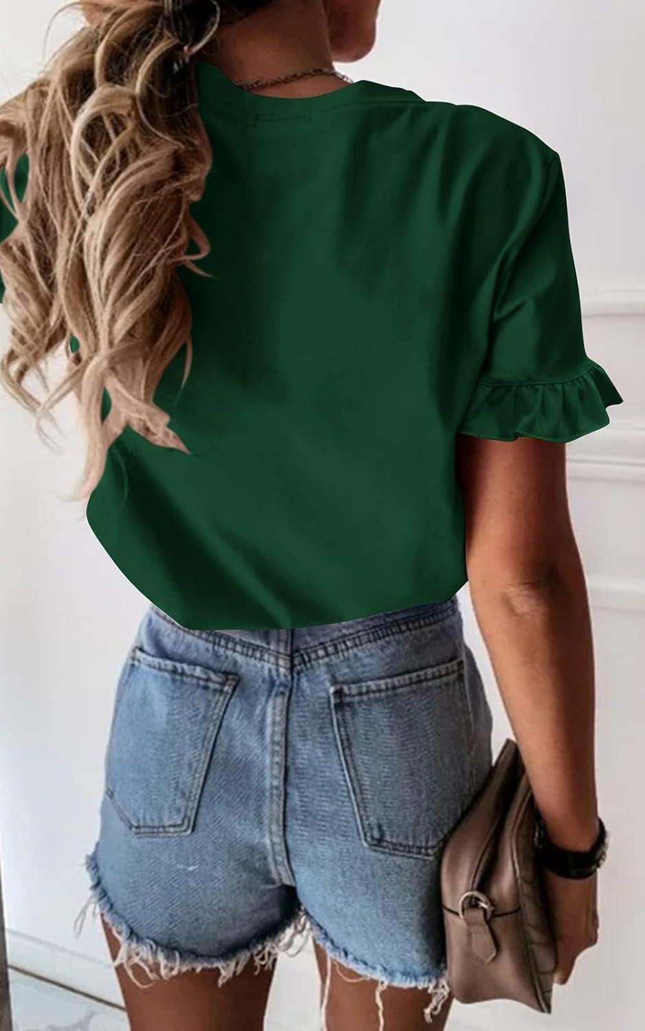 imagePRETTYGARDEN Womens Short Sleeve Casual T Shirts Summer Ruffle Plain Round Neck Loose Fit Tee Blouse TopsDark Green