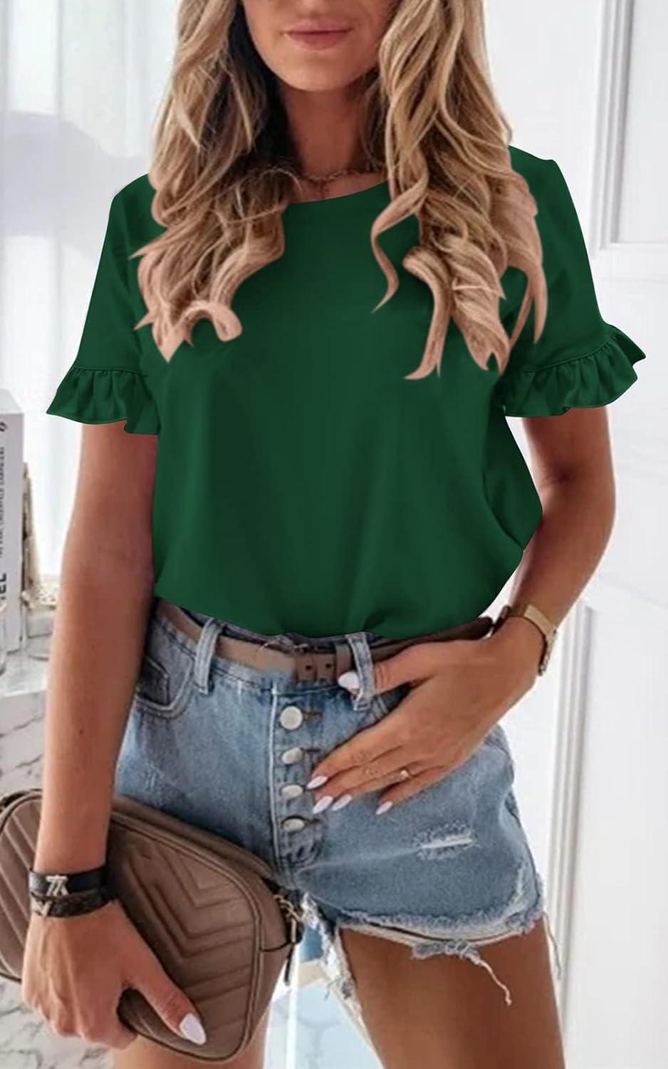 imagePRETTYGARDEN Womens Short Sleeve Casual T Shirts Summer Ruffle Plain Round Neck Loose Fit Tee Blouse TopsDark Green