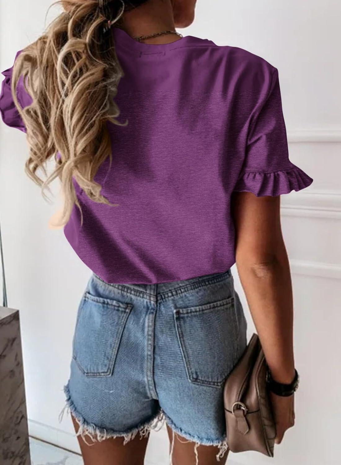 imagePRETTYGARDEN Womens Short Sleeve Casual T Shirts Summer Ruffle Plain Round Neck Loose Fit Tee Blouse TopsDark Purple