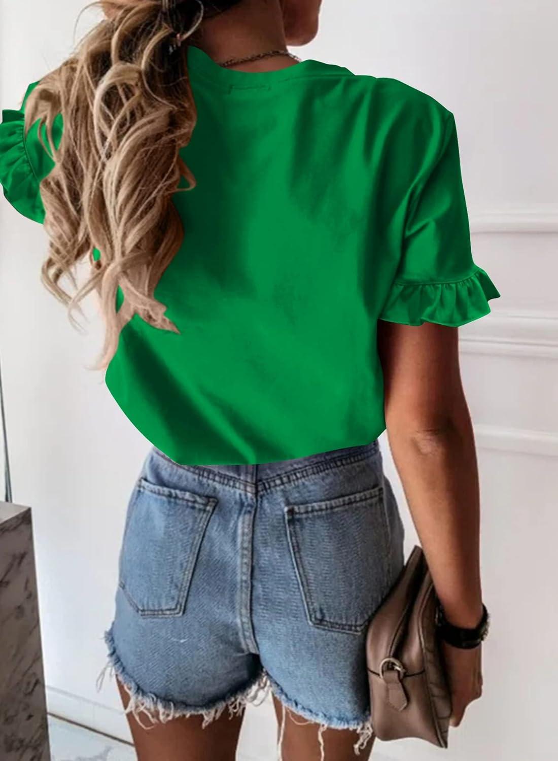 imagePRETTYGARDEN Womens Short Sleeve Casual T Shirts Summer Ruffle Plain Round Neck Loose Fit Tee Blouse TopsGrass Green