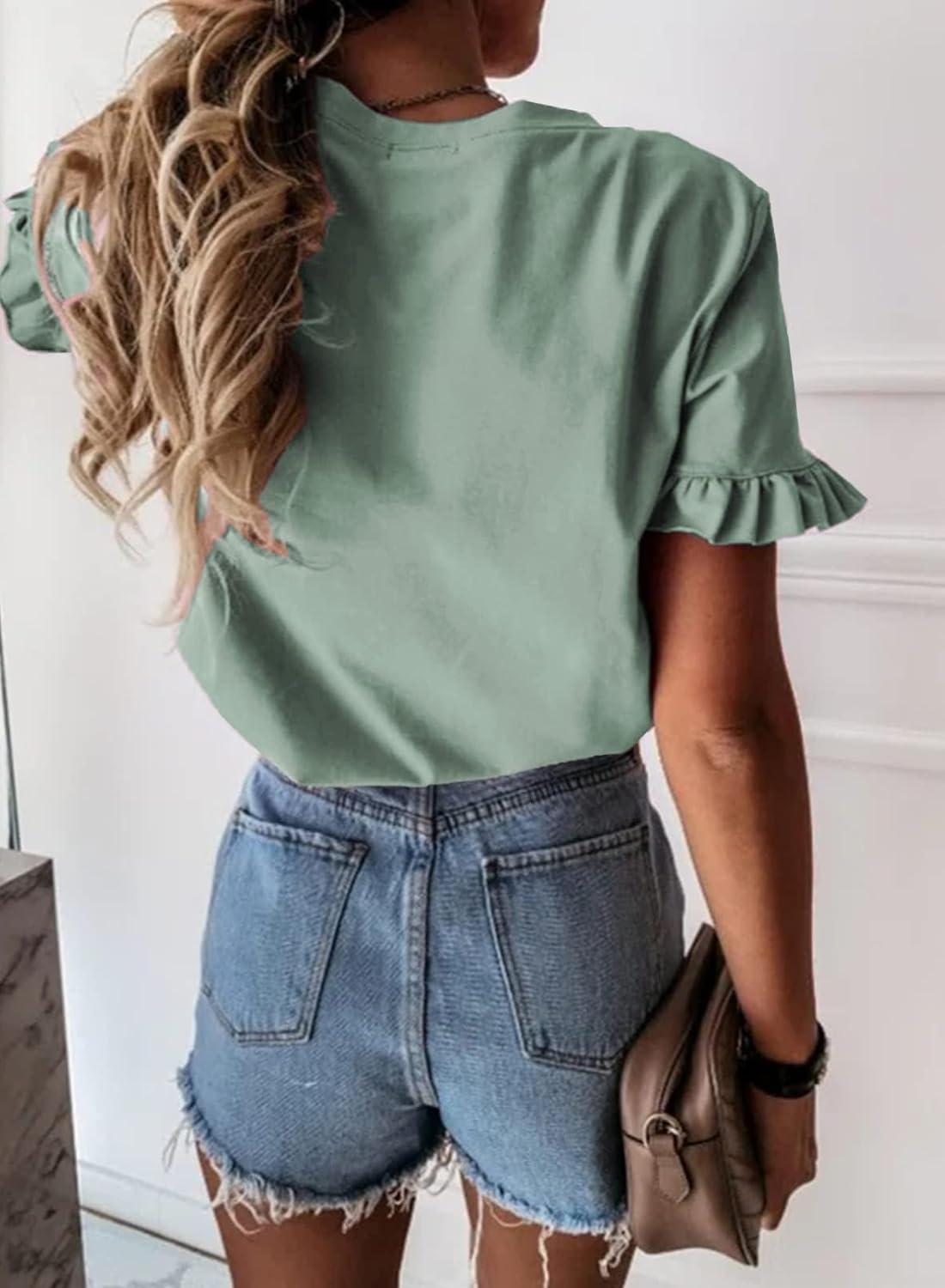 imagePRETTYGARDEN Womens Short Sleeve Casual T Shirts Summer Ruffle Plain Round Neck Loose Fit Tee Blouse TopsGreen
