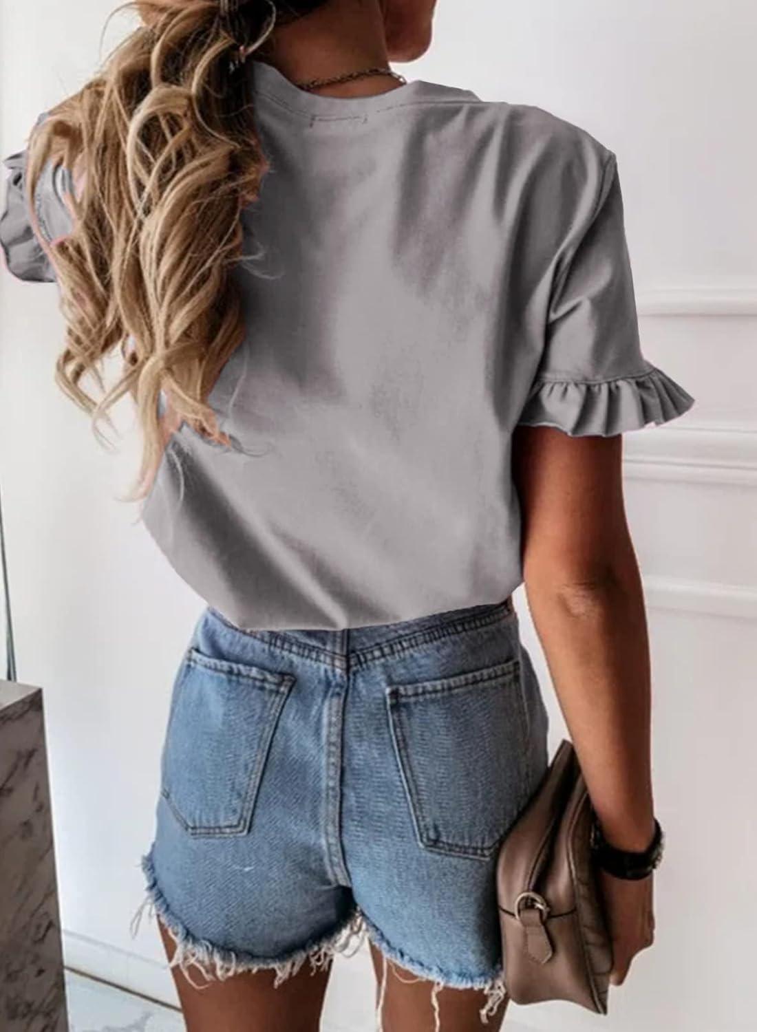 imagePRETTYGARDEN Womens Short Sleeve Casual T Shirts Summer Ruffle Plain Round Neck Loose Fit Tee Blouse TopsGrey