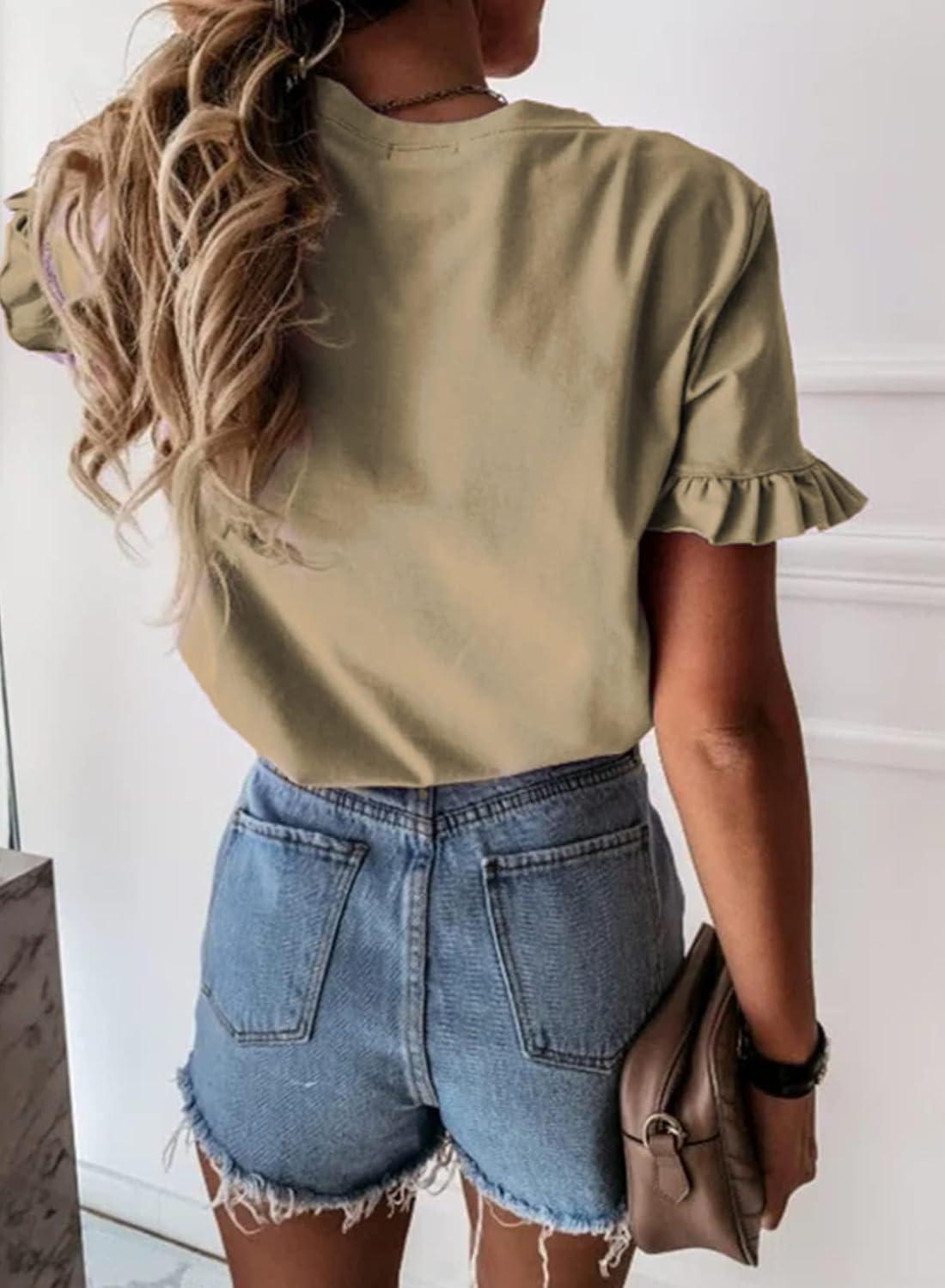 imagePRETTYGARDEN Womens Short Sleeve Casual T Shirts Summer Ruffle Plain Round Neck Loose Fit Tee Blouse TopsKhaki