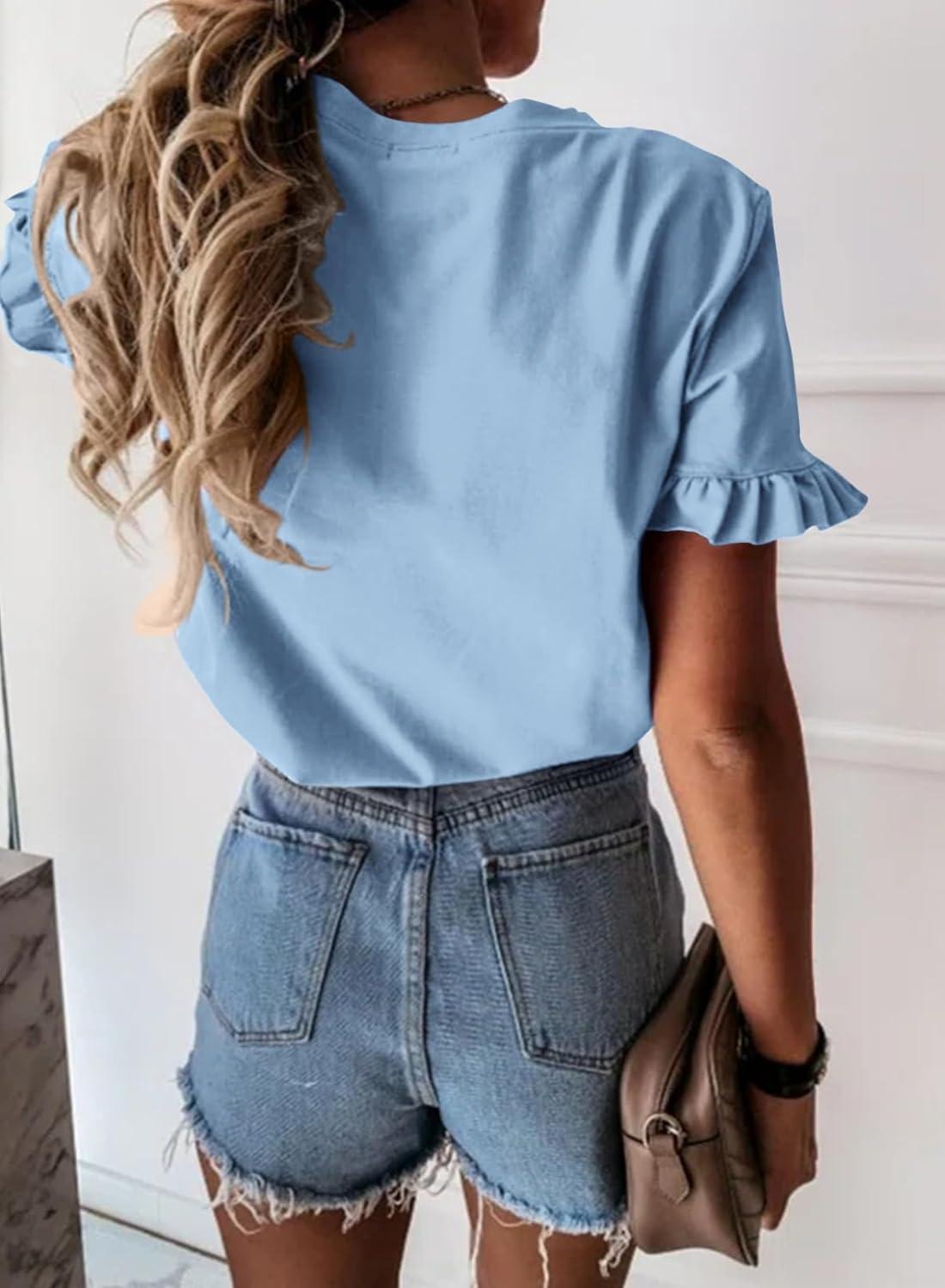 imagePRETTYGARDEN Womens Short Sleeve Casual T Shirts Summer Ruffle Plain Round Neck Loose Fit Tee Blouse TopsLight Blue