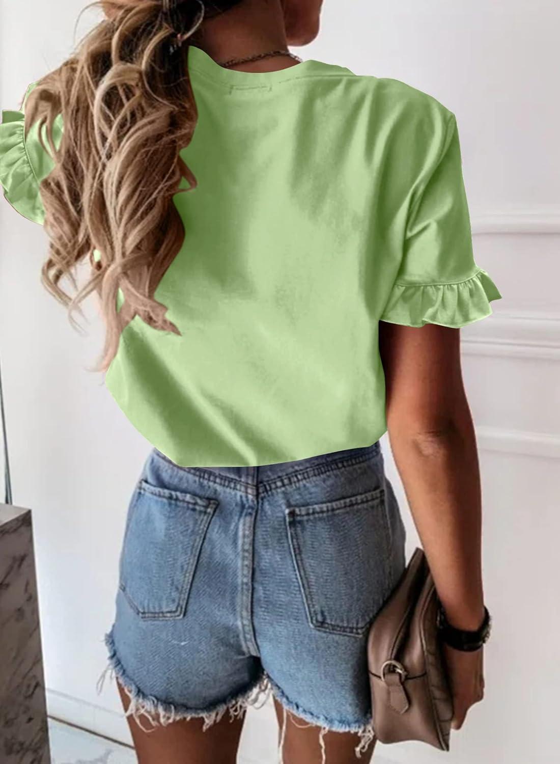 imagePRETTYGARDEN Womens Short Sleeve Casual T Shirts Summer Ruffle Plain Round Neck Loose Fit Tee Blouse TopsLight Green