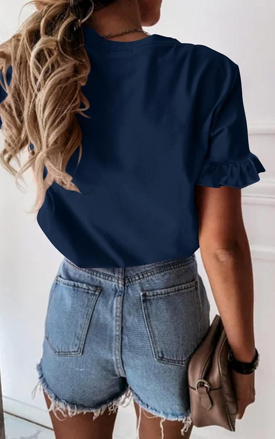 imagePRETTYGARDEN Womens Short Sleeve Casual T Shirts Summer Ruffle Plain Round Neck Loose Fit Tee Blouse TopsNavy