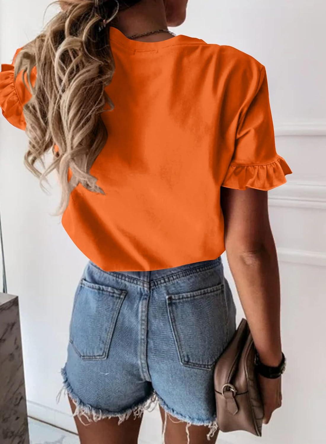 imagePRETTYGARDEN Womens Short Sleeve Casual T Shirts Summer Ruffle Plain Round Neck Loose Fit Tee Blouse TopsOrange
