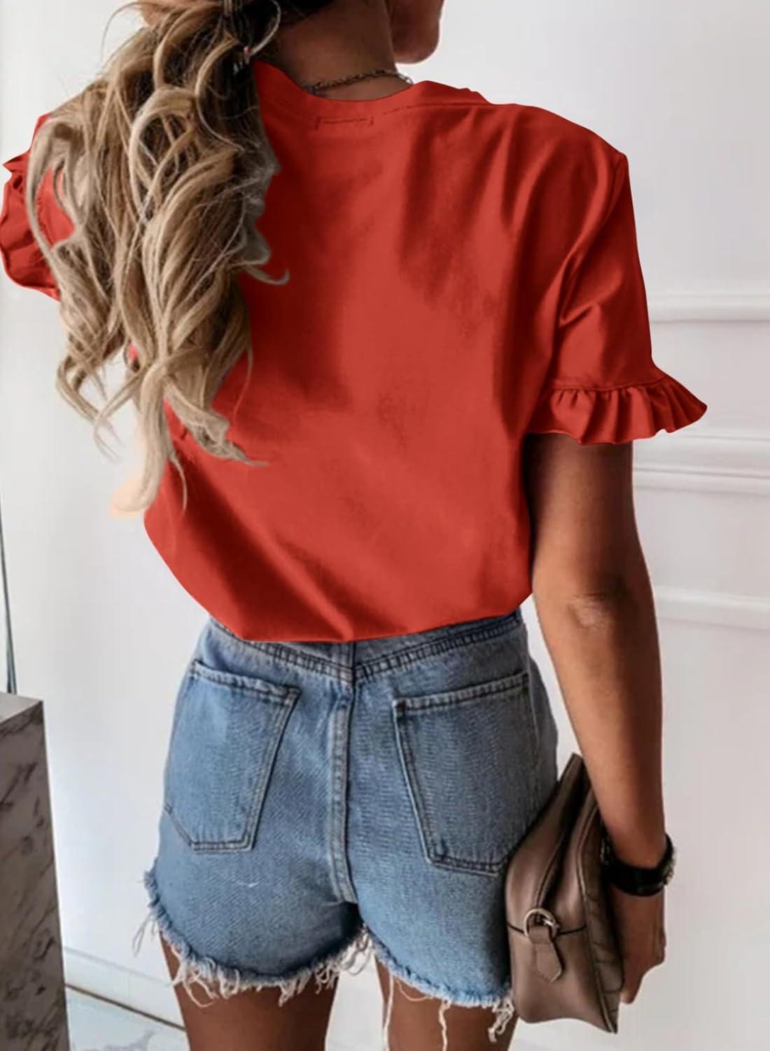 imagePRETTYGARDEN Womens Short Sleeve Casual T Shirts Summer Ruffle Plain Round Neck Loose Fit Tee Blouse TopsOrange Red
