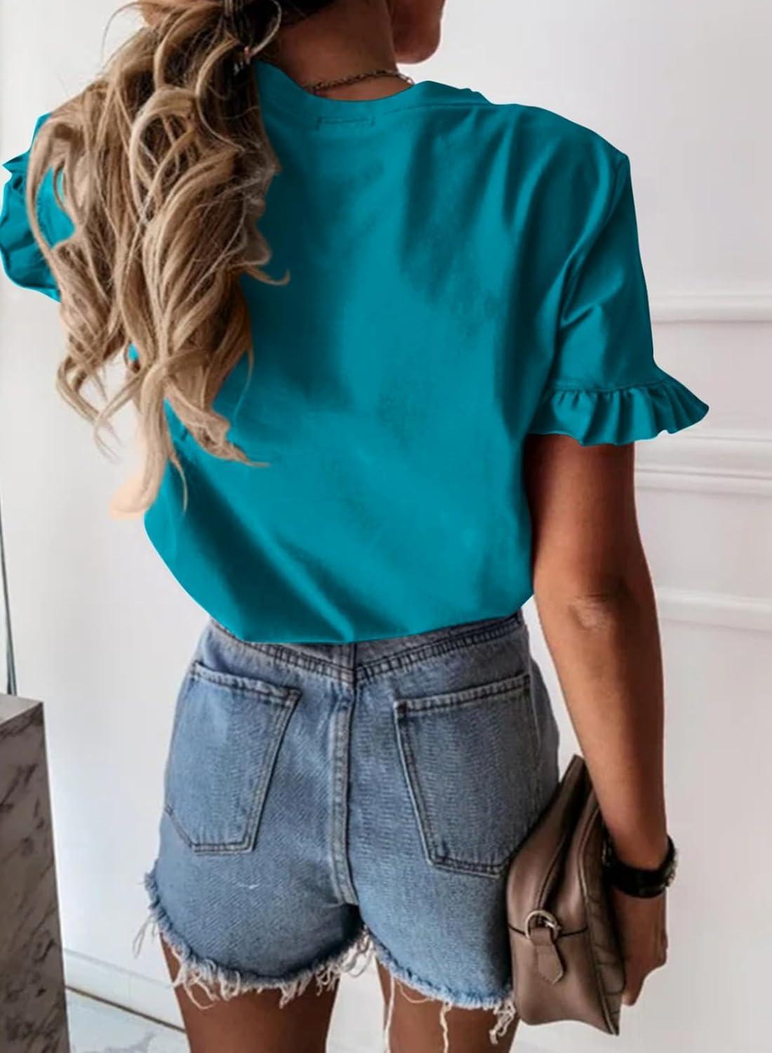 imagePRETTYGARDEN Womens Short Sleeve Casual T Shirts Summer Ruffle Plain Round Neck Loose Fit Tee Blouse TopsPeacock Blue