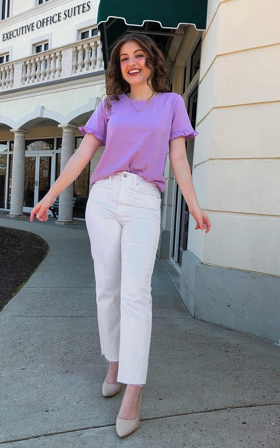 imagePRETTYGARDEN Womens Short Sleeve Casual T Shirts Summer Ruffle Plain Round Neck Loose Fit Tee Blouse TopsPurple
