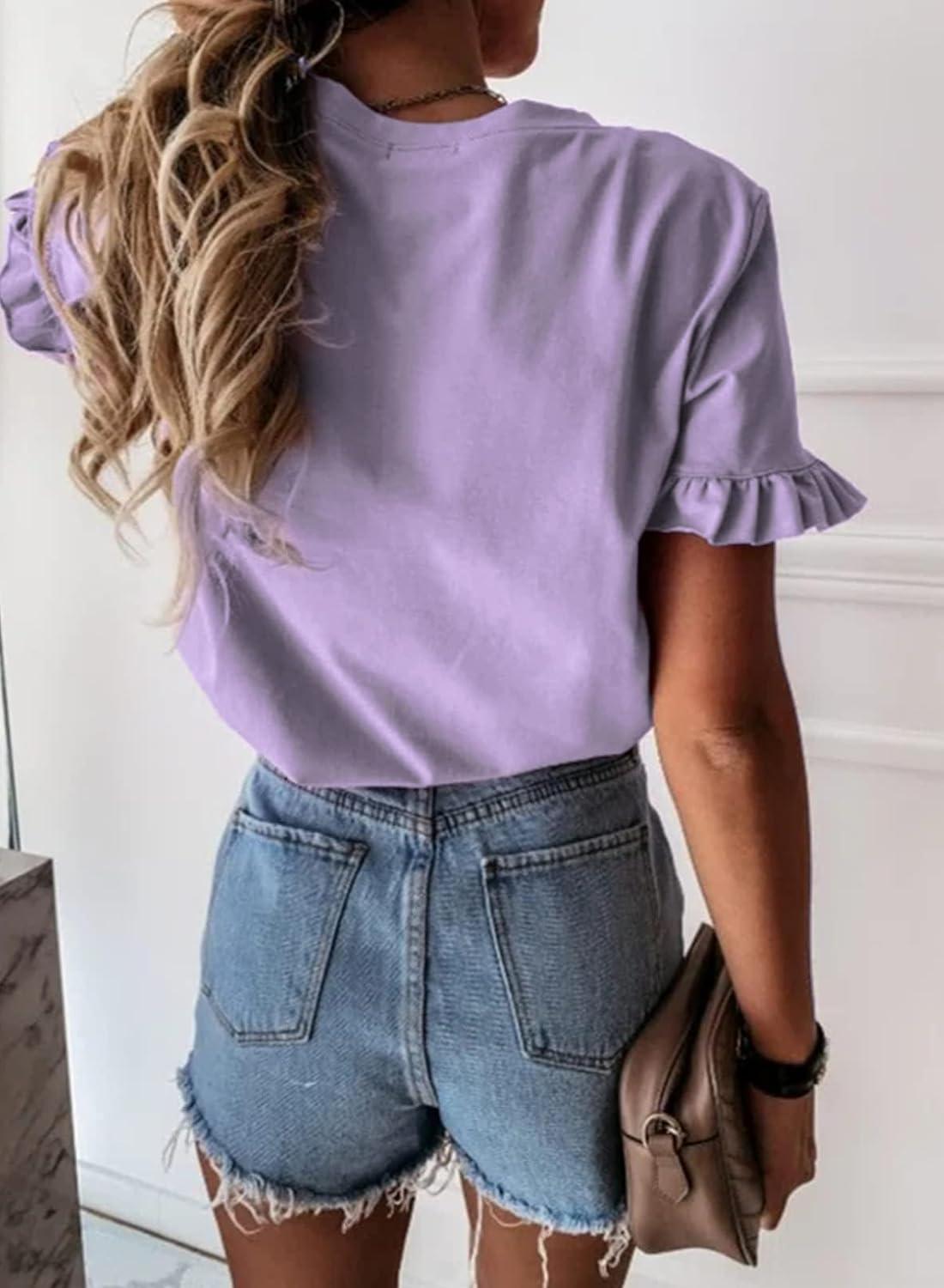 imagePRETTYGARDEN Womens Short Sleeve Casual T Shirts Summer Ruffle Plain Round Neck Loose Fit Tee Blouse TopsPurple