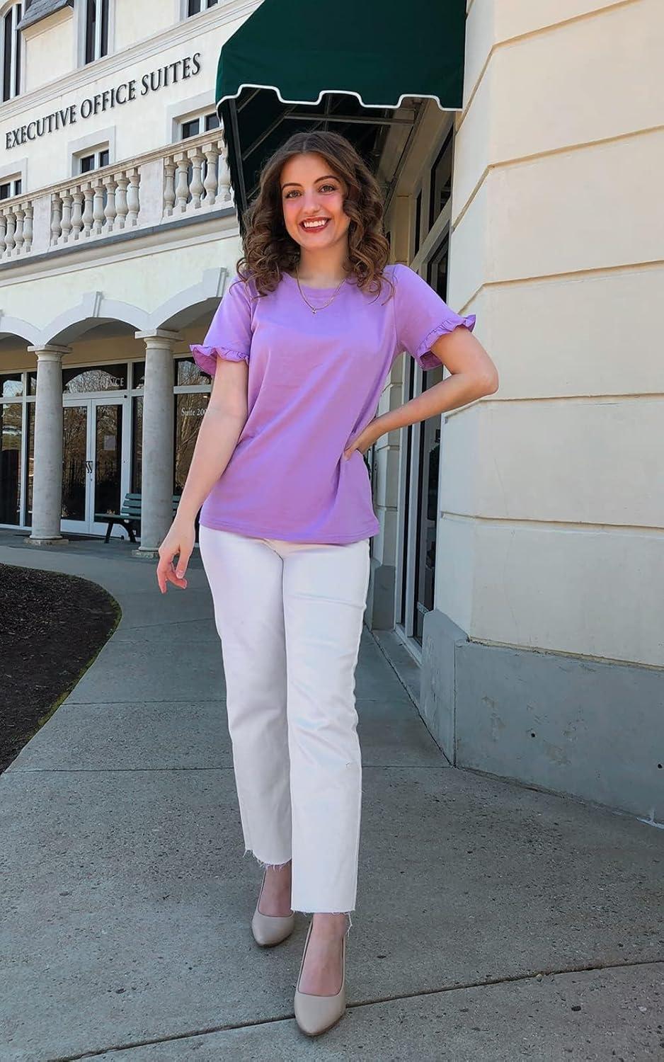 imagePRETTYGARDEN Womens Short Sleeve Casual T Shirts Summer Ruffle Plain Round Neck Loose Fit Tee Blouse TopsPurple