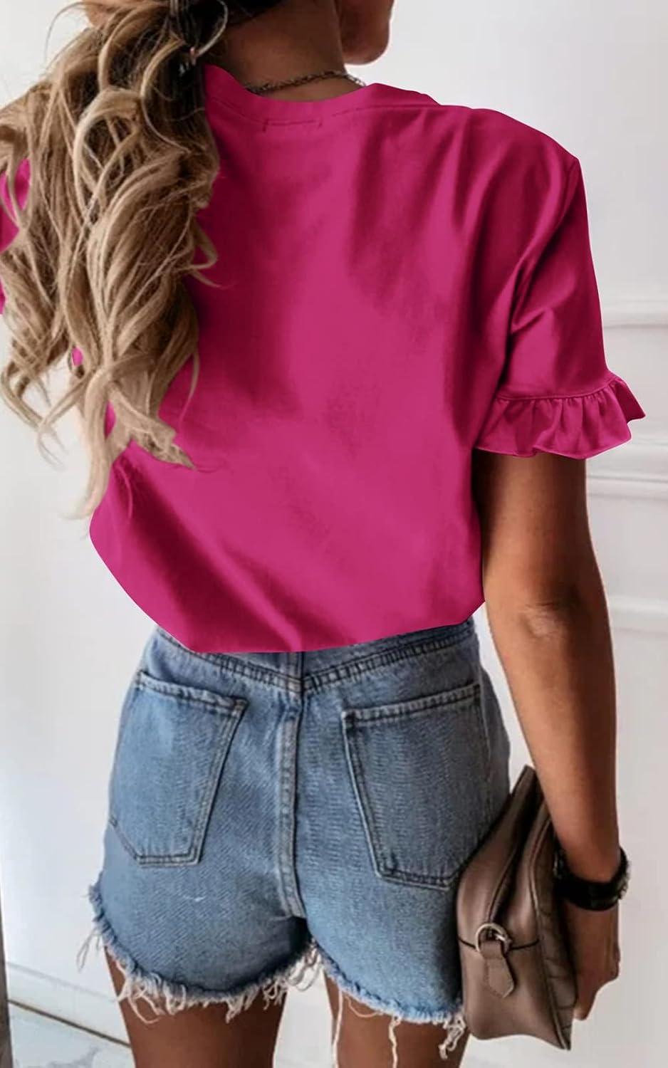 imagePRETTYGARDEN Womens Short Sleeve Casual T Shirts Summer Ruffle Plain Round Neck Loose Fit Tee Blouse TopsRose Red