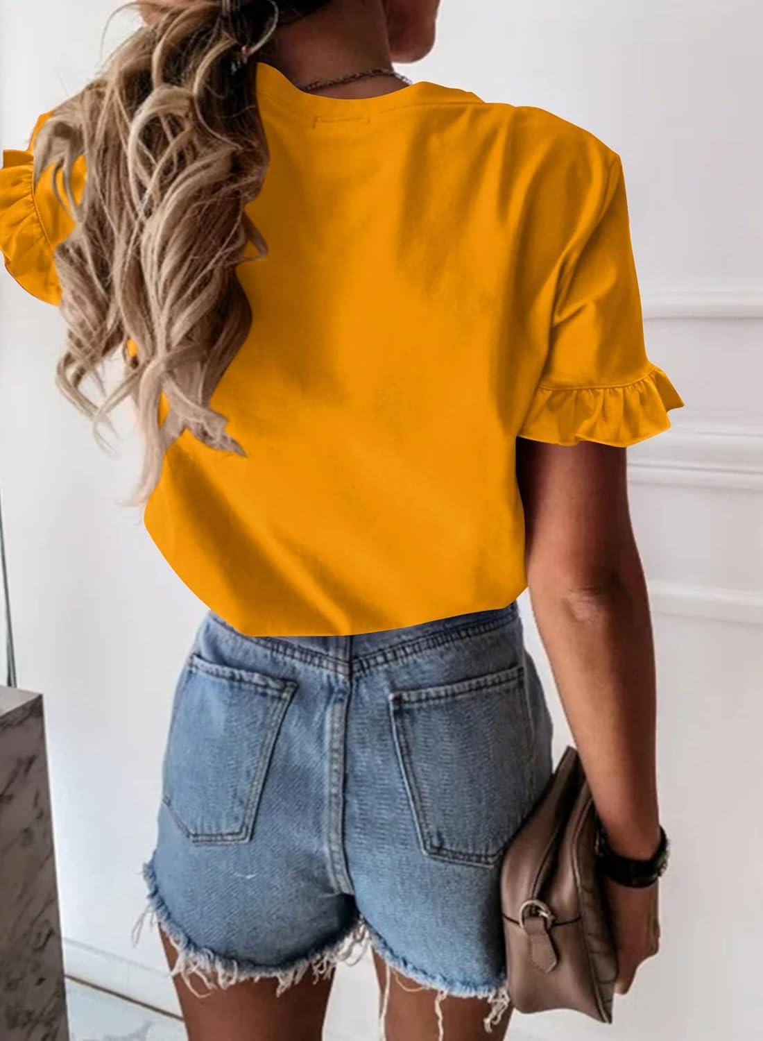 imagePRETTYGARDEN Womens Short Sleeve Casual T Shirts Summer Ruffle Plain Round Neck Loose Fit Tee Blouse TopsTurmeric