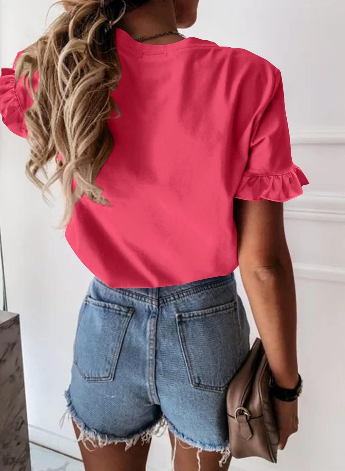 imagePRETTYGARDEN Womens Short Sleeve Casual T Shirts Summer Ruffle Plain Round Neck Loose Fit Tee Blouse TopsWatermelon Red