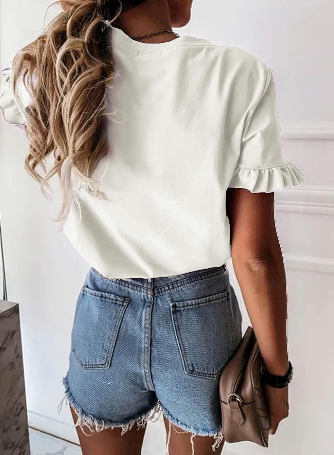 imagePRETTYGARDEN Womens Short Sleeve Casual T Shirts Summer Ruffle Plain Round Neck Loose Fit Tee Blouse TopsWhite