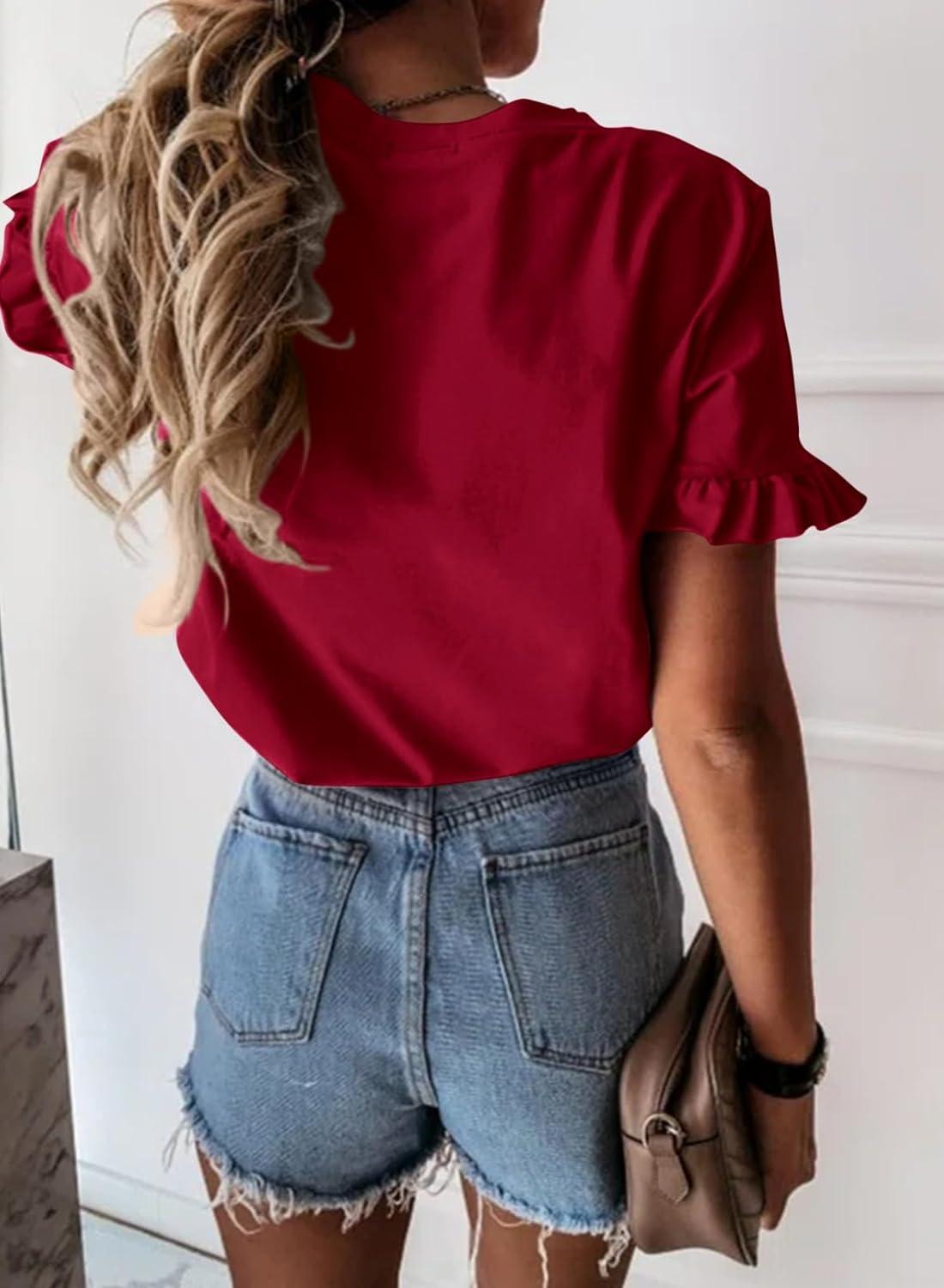 imagePRETTYGARDEN Womens Short Sleeve Casual T Shirts Summer Ruffle Plain Round Neck Loose Fit Tee Blouse TopsWine Red