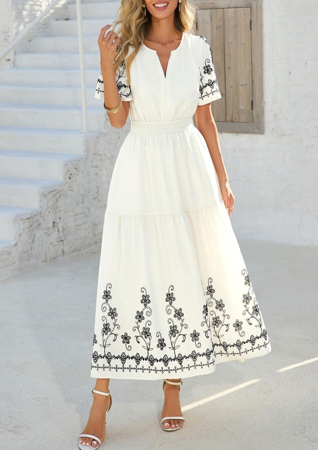 imagePRETTYGARDEN Womens Summer Boho Maxi Dress 2026 Spring Floral Short Sleeve V Neck A Line Flowy Beach Wedding Guest DressesBeige