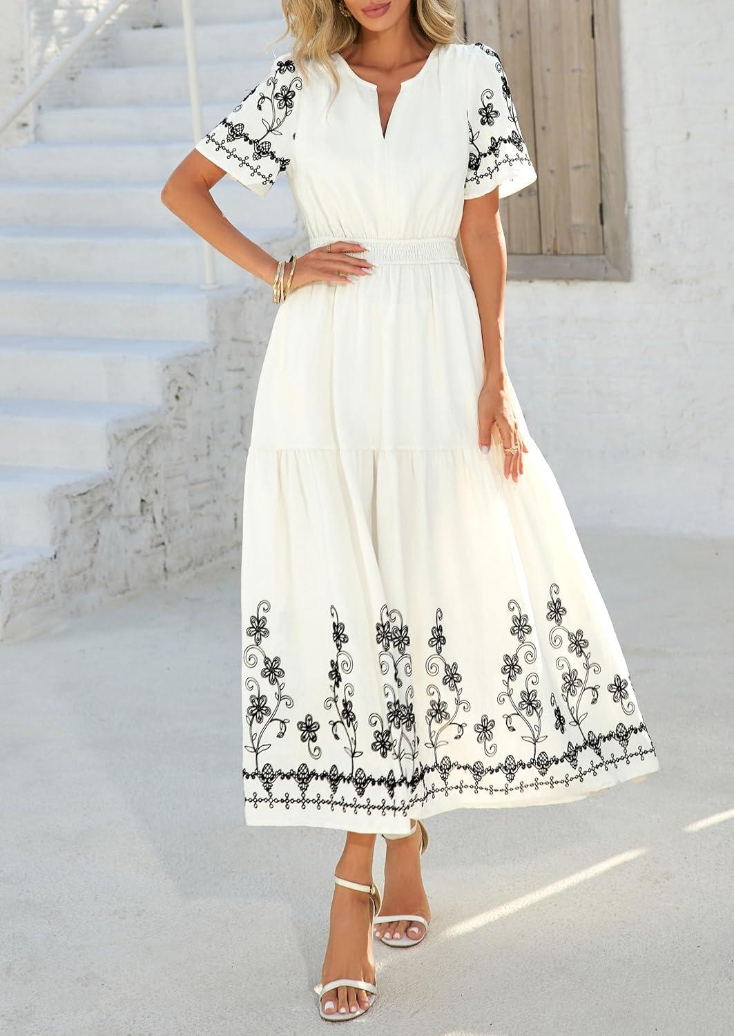 imagePRETTYGARDEN Womens Summer Boho Maxi Dress 2026 Spring Floral Short Sleeve V Neck A Line Flowy Beach Wedding Guest DressesBeige