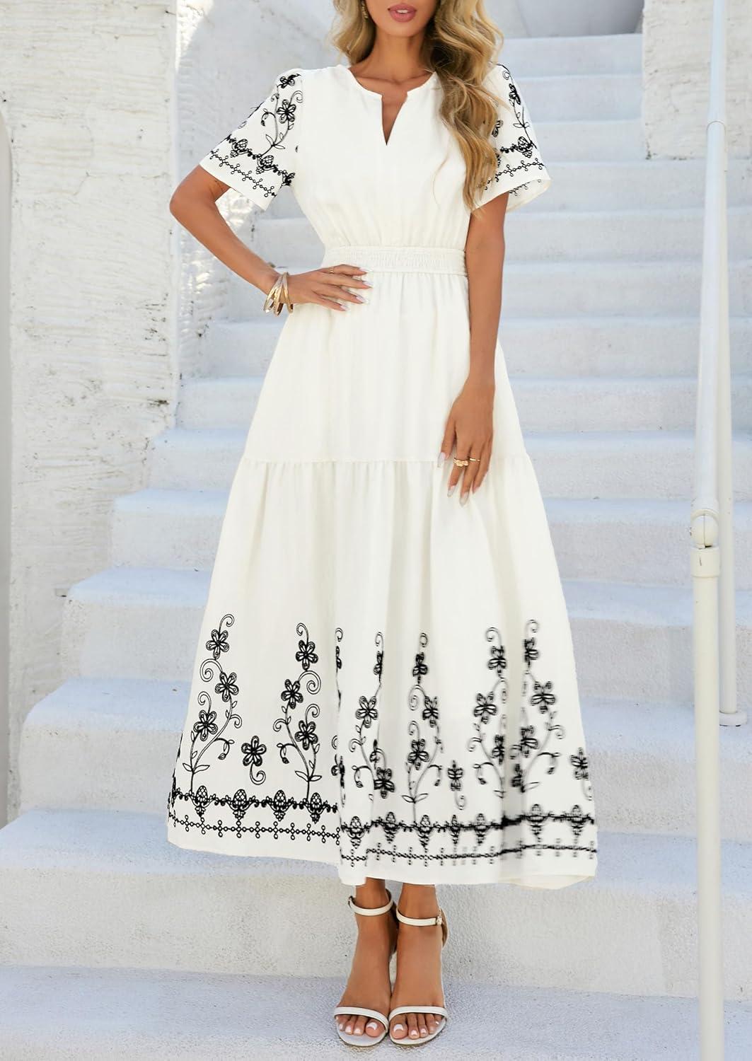 imagePRETTYGARDEN Womens Summer Boho Maxi Dress 2026 Spring Floral Short Sleeve V Neck A Line Flowy Beach Wedding Guest DressesBeige
