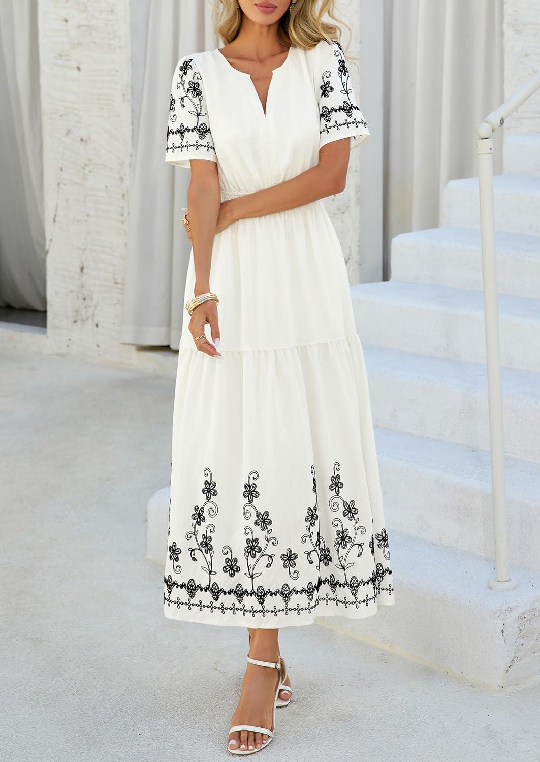 imagePRETTYGARDEN Womens Summer Boho Maxi Dress 2026 Spring Floral Short Sleeve V Neck A Line Flowy Beach Wedding Guest DressesBeige