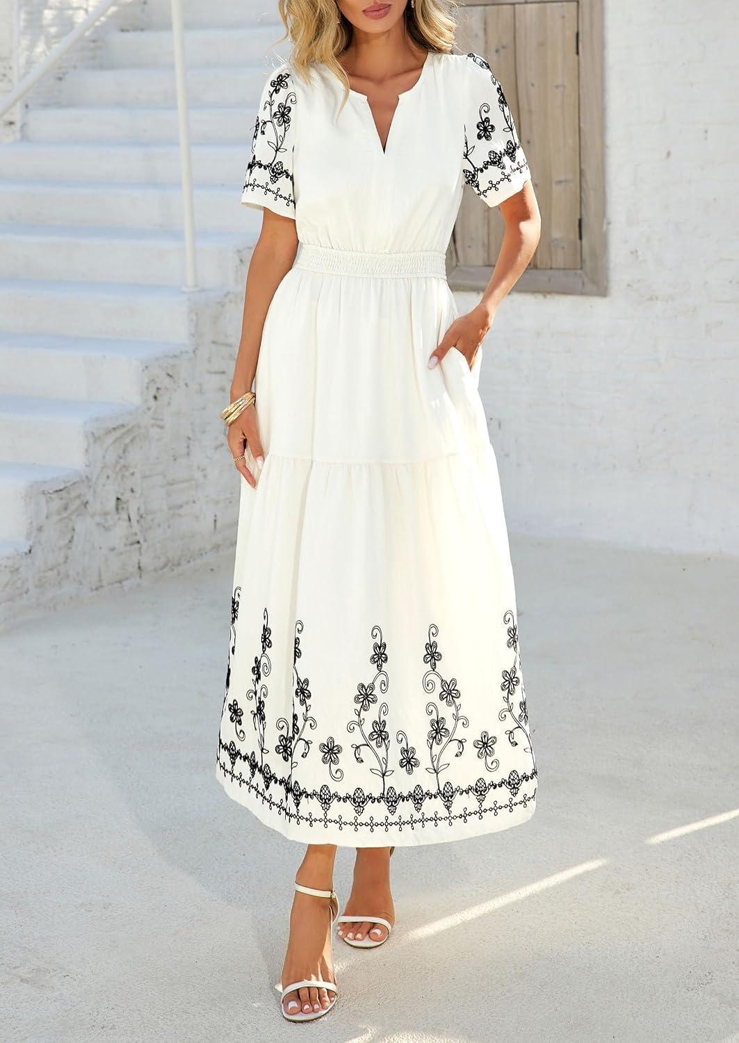 imagePRETTYGARDEN Womens Summer Boho Maxi Dress 2026 Spring Floral Short Sleeve V Neck A Line Flowy Beach Wedding Guest DressesBeige