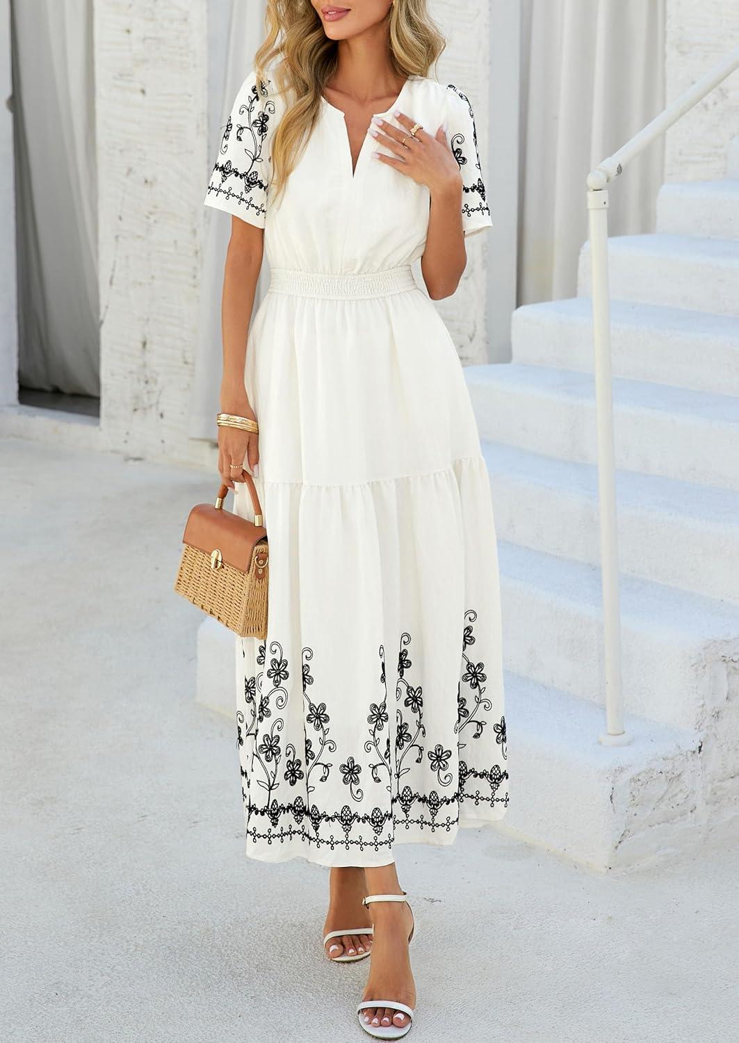imagePRETTYGARDEN Womens Summer Boho Maxi Dress 2026 Spring Floral Short Sleeve V Neck A Line Flowy Beach Wedding Guest DressesBeige