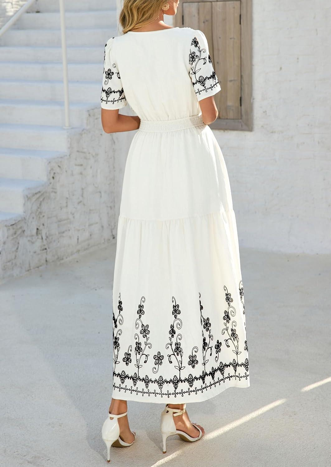imagePRETTYGARDEN Womens Summer Boho Maxi Dress 2026 Spring Floral Short Sleeve V Neck A Line Flowy Beach Wedding Guest DressesBeige