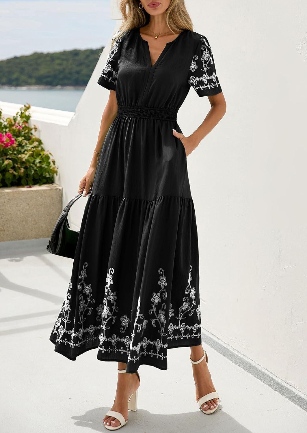 imagePRETTYGARDEN Womens Summer Boho Maxi Dress 2026 Spring Floral Short Sleeve V Neck A Line Flowy Beach Wedding Guest DressesBlack